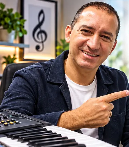 Professor Evandro Nunes apontando, ao lado do teclado